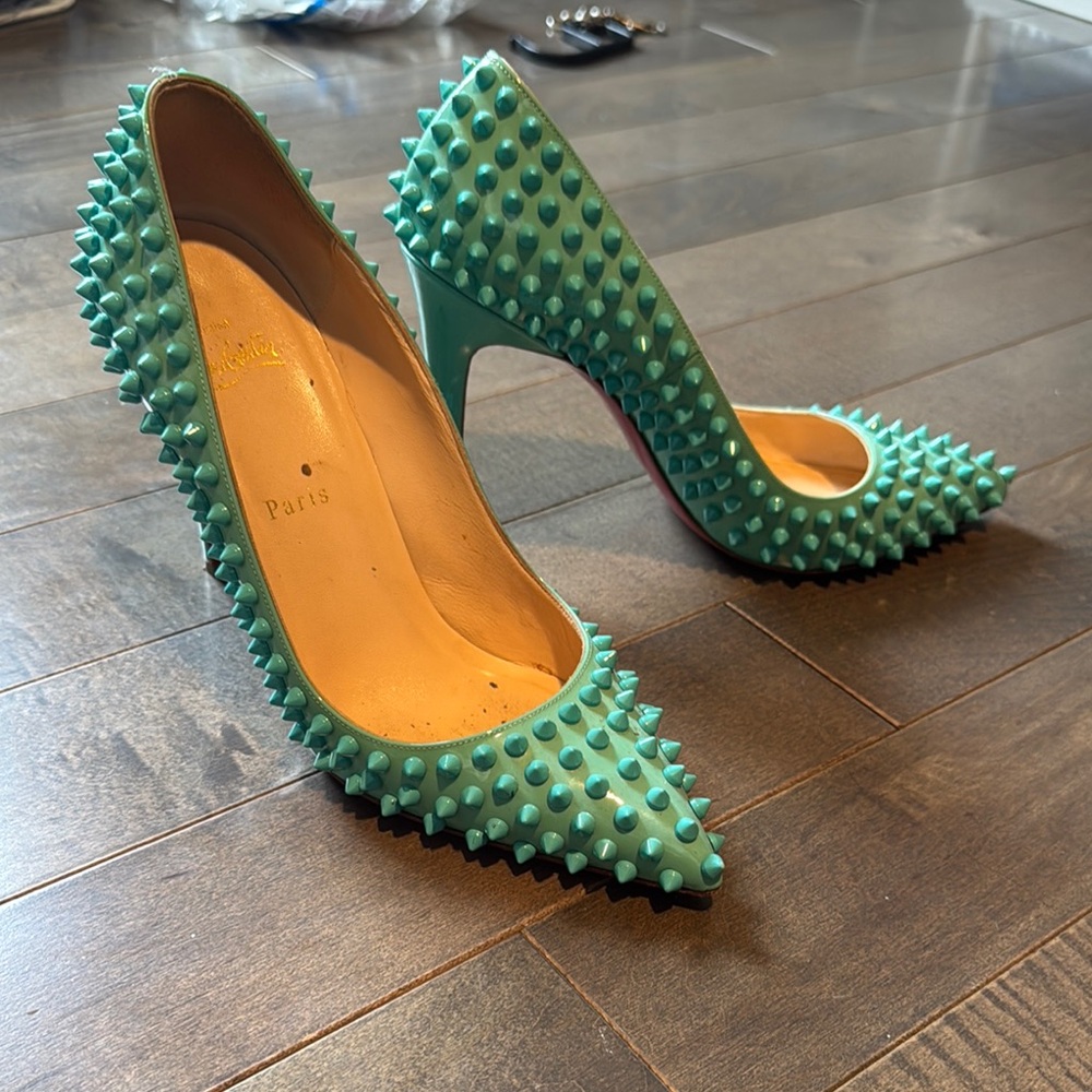 Christian Louboutin Women's Spiked Turquoise Heels - Picture 3 of 9